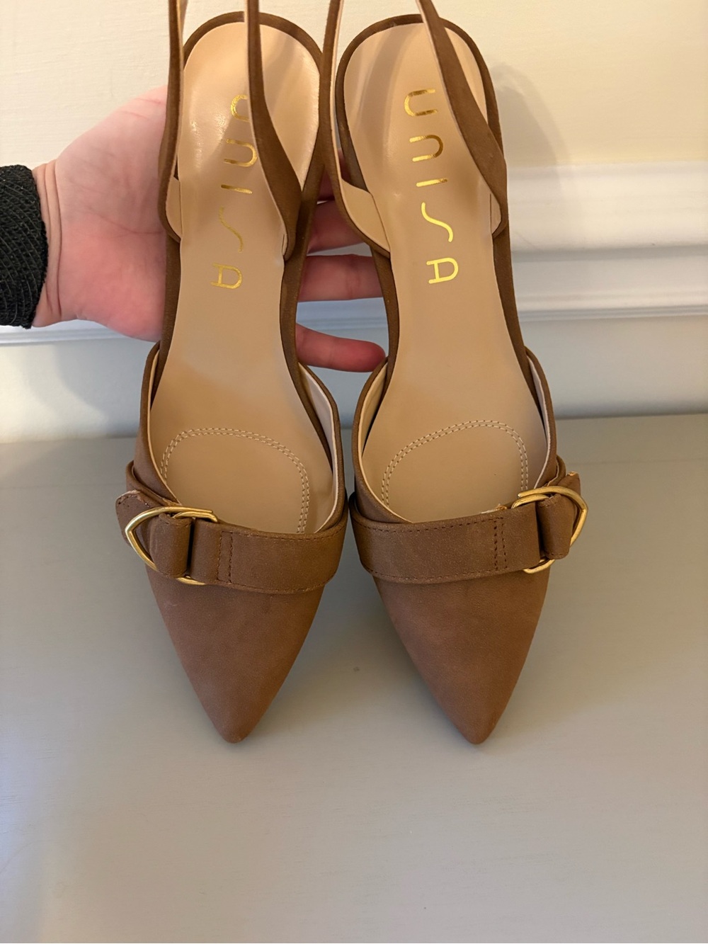 Unisa Brown Pointed-Toe Slingback Heels with Gold Buckle